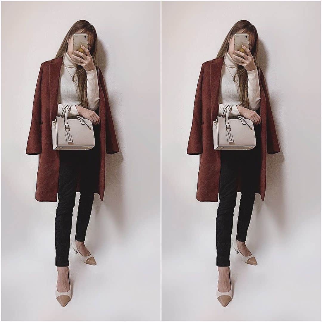 さっぴちゃんのインスタグラム：「... . 去年GUのセールで2000円になっていた このボルドーのコート、着てなかったので 春が来る前に慌てて着はじめました😂♡♡ . 着る度に👨🏽が褒めてくれるから嬉しいなꪔ̤̮ˎˊ˗ 気付けばこの日全身GU(´ω｀) . そしてこの前子ども達を隠し撮りしてたら がっくんが本当に面白かったから 最後まで見て欲しい(笑) . . 𓂃コート　#gu 𓂃ニット　gu 𓂃パンツ　gu 𓂃バッグ　楽天roomに掲載済 𓂃パンプス　楽天roomに掲載済 . . ………………………………(♡)……………………………… .」