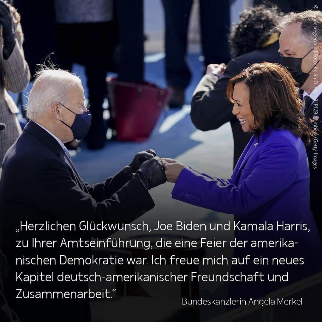 アンゲラ・メルケルのインスタグラム：「Eine Feier der amerikanischen Demokratie: Bundeskanzlerin Merkel gratuliert Präsident Joe Biden und Vizepräsidentin Kamala Harris herzlich zu ihrer Amtseinführung. --- A celebration of American democracy: Chancellor Merkel congratulates @joebiden and @kamalaharris on their inauguration. Please swipe right for the Englisch version. . 📷 Kevin Dietsch/UPI/Bloomberg/Getty Images . #Merkel #inauguration #InaugurationDay」