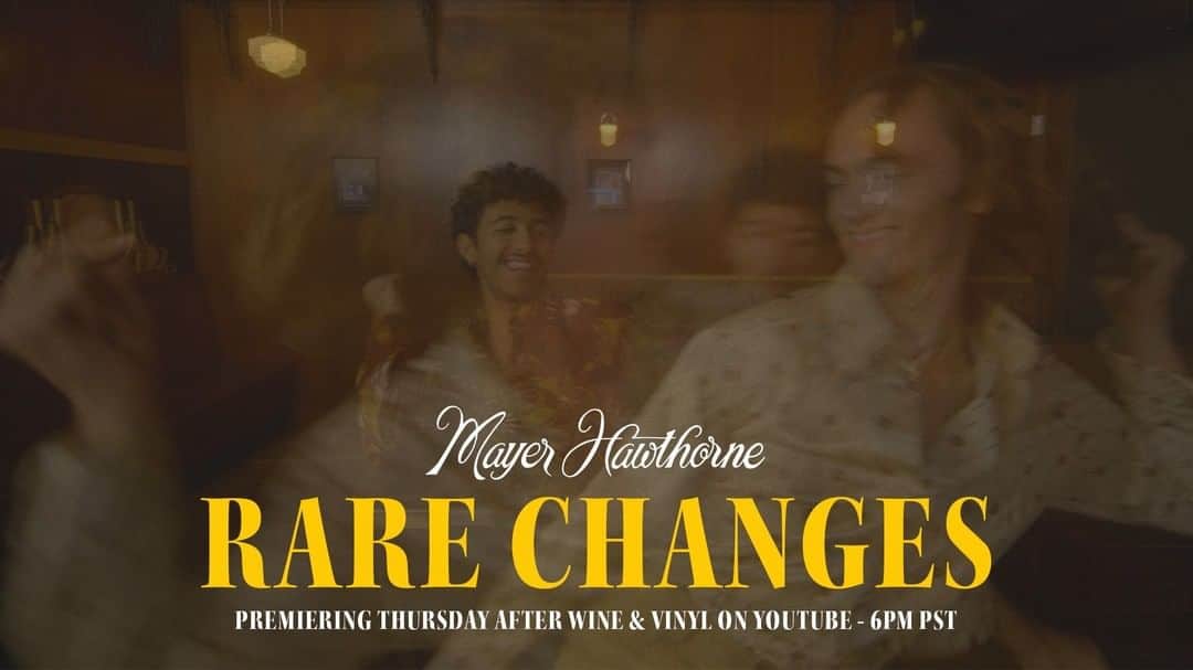 メイヤー・ホーソーンのインスタグラム：「Dropping the "Rare Changes" music video tomorrow at the end of Wine & Vinyl Hour! Get your popcorn ready. 🍷🍿 cLink in bio.」