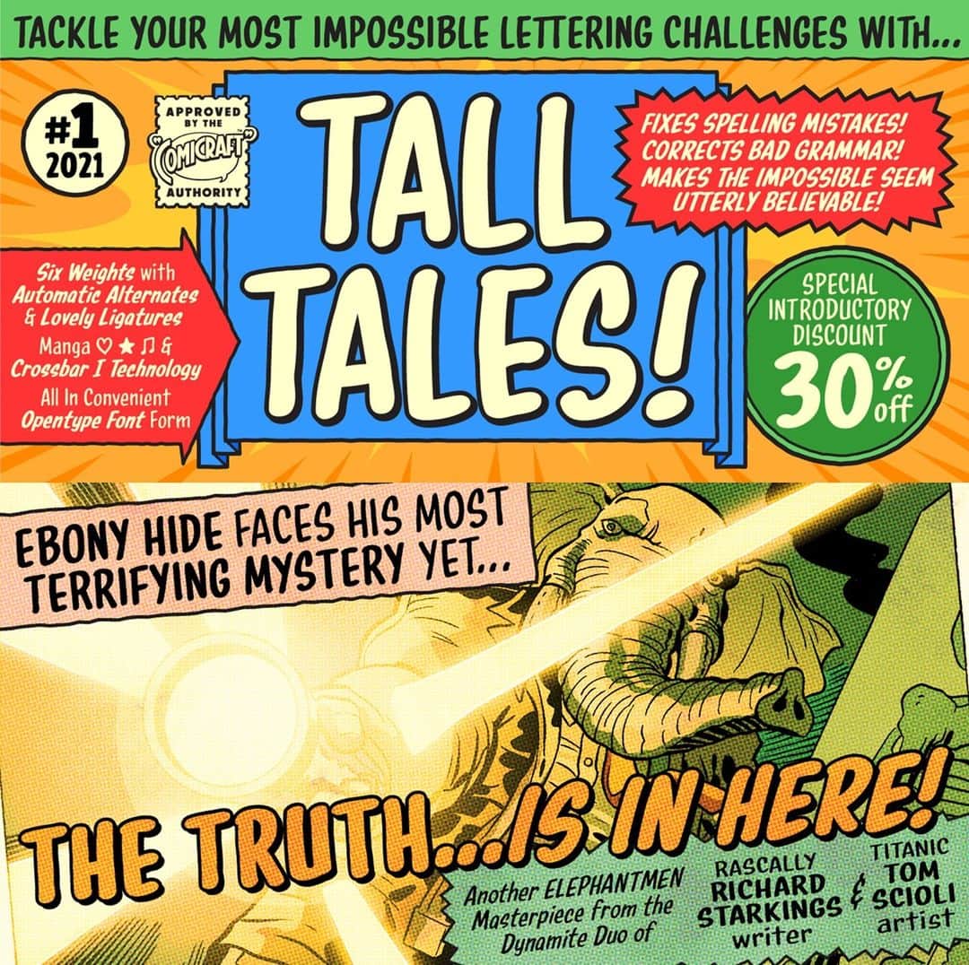 myfontsさんのインスタグラム写真 - (myfontsInstagram)「New today and 30% off for a very short introductory period, John Roshell’s space-saving Tall Tales is the most recent release from our old pals at #Comicraft: https://bit.ly/35YmJFI  #comics #comic #graphicnovel #comicart #typography #design #lettering #handlettering #fonts #font #type #graphicdesign #graphics」1月21日 9時25分 - myfonts