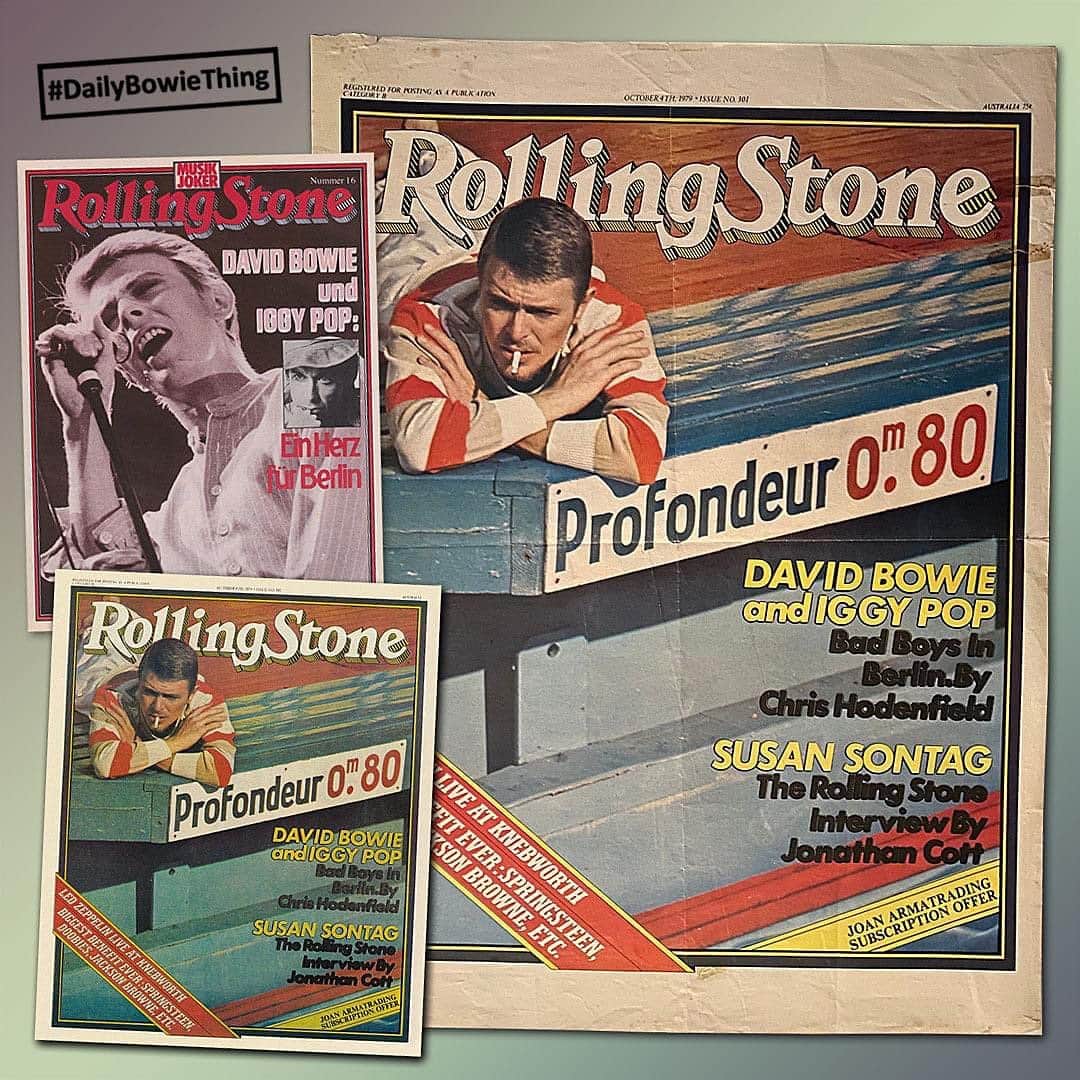 デヴィッド・ボウイさんのインスタグラム写真 - (デヴィッド・ボウイInstagram)「DAILY BOWIE THING – Day 76  “From station to station, back to Düsseldorf City, Meet Iggy Pop and David Bowie...” *  Back on Day 37 of #DailyBowieThing, we invited David Fowler (@bowieonthecoverofamagazine Instagram page), to contribute. He produced two rare issues of Rolling Stone Brazil from 1972 which featured Bowie covers.  Now he’s back with two more Rolling Stone Bowie covers from 1979. Over to David...  + - + - + - + - + - + - + - + - + - + - + - +  In the late 1970’s Rolling Stone magazine appeared in Germany as a supplement in Musik Joker magazine. The supplement was only 8 pages but featured a cover story, international news, record reviews and random notes. (Top left)   A live 1978 shot of Bowie appeared on the cover of this issue with the headline David Bowie and Iggy Pop: A Heart for Berlin. Rolling Stone magazine wouldn’t become a full title in Germany until 1994.  In Australia the previous month (October 4th, 1979), Rolling Stone magazine would publish the same story with a Bowie front cover and the headline David Bowie and Iggy Pop: Bad Boys in Berlin. The American version with the same issue date had American singer-songwriter Jimmy Buffett as the cover star but utilised the same Bowie cover image that had been used down under, inside.  + - + - + - + - + - + - + - + - + - + - + - +  Thanks David, much appreciated.  We’ve also reproduced the Australian newsstand poster from our archive here, with a markedly different colour cast to the magazine cover.   Our friend, Pascal, has kindly posted a scan of the full five-page article from the American issue over on BOWIE KOOKS, if you'd like to read it. (https://smarturl.it/RS1979PascalKOOKS) (Temp link in bio)  * Today’s lyric quotation is from the title track of Kraftwerk’s 1977 album, Trans-Europe Express.  @iggypopofficial  #DailyBowieThing  #BowieIggy  #BowieRollingStone  #BowieMagazineCover  #BowieNewspaperPoster」1月21日 10時15分 - davidbowie