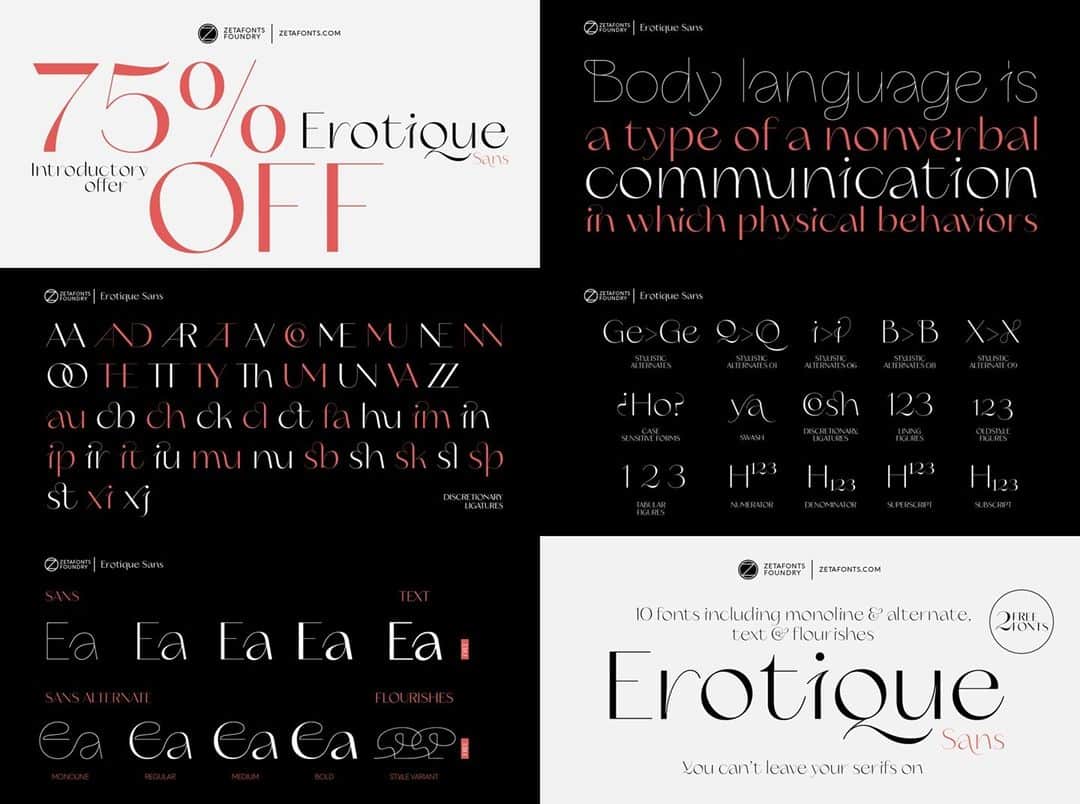 myfontsのインスタグラム：「Zetafonts’ gorgeous & sensual – words we would not generally use to describe type, but which seem completely apropos here – Erotique has been expanded with a sans version! It’s brand new, exclusive to MyFonts and currently 75% off: https://bit.ly/3oCpy6L」
