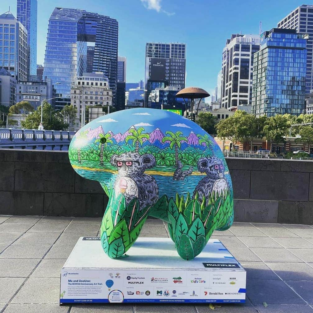 MULGAさんのインスタグラム写真 - (MULGAInstagram)「Stoked to paint a Uoouoo for the Me and Uoouoo Royal Children's Hospital 150th Anniversary Arts Trail. ⁣ ⁣ There's 100 of these hand painted bad boys all around Melbourne and Geelong, mine's located at Queensbridge Square. You can download the Me and UooUoo app or go to the website for the map. If you see my one take a snap and tag me and I'll repost it on my story. ⁣ ⁣ They're on display until 21 March 2021 and then they'll be auctioned off to raise funds for the @rch.foundation. ⁣ ⁣⁣ Big cheers to @maxwellandwilliamsofficial, @blueventproductions, @rch.foundation, @rchmelbourne and KS Environmental for making it happen.⁣ ⁣ The story of Koala Paradise⁣ ⁣ Somewhere in the Aussie bush there's a magical place called Koala Paradise where all the koala's go on holidays and climb trees and go swimming all day and have a grand old time and some reviews on Google even called it the best place on earth. One time there was a big bunch of Koalas who had a big game of throw the beach ball in the water and they were doing it for over four and a half hours and having the best time ever. ⁣ ⁣ The End⁣ ⁣ #mulgatheartist #maxwellandwilliams #uoouoo #uoouooandme #meanduoouoo #uoouooarttrail #uoouoos #rch150 #arttrail #rchmelbourne」1月21日 10時52分 - mulgatheartist