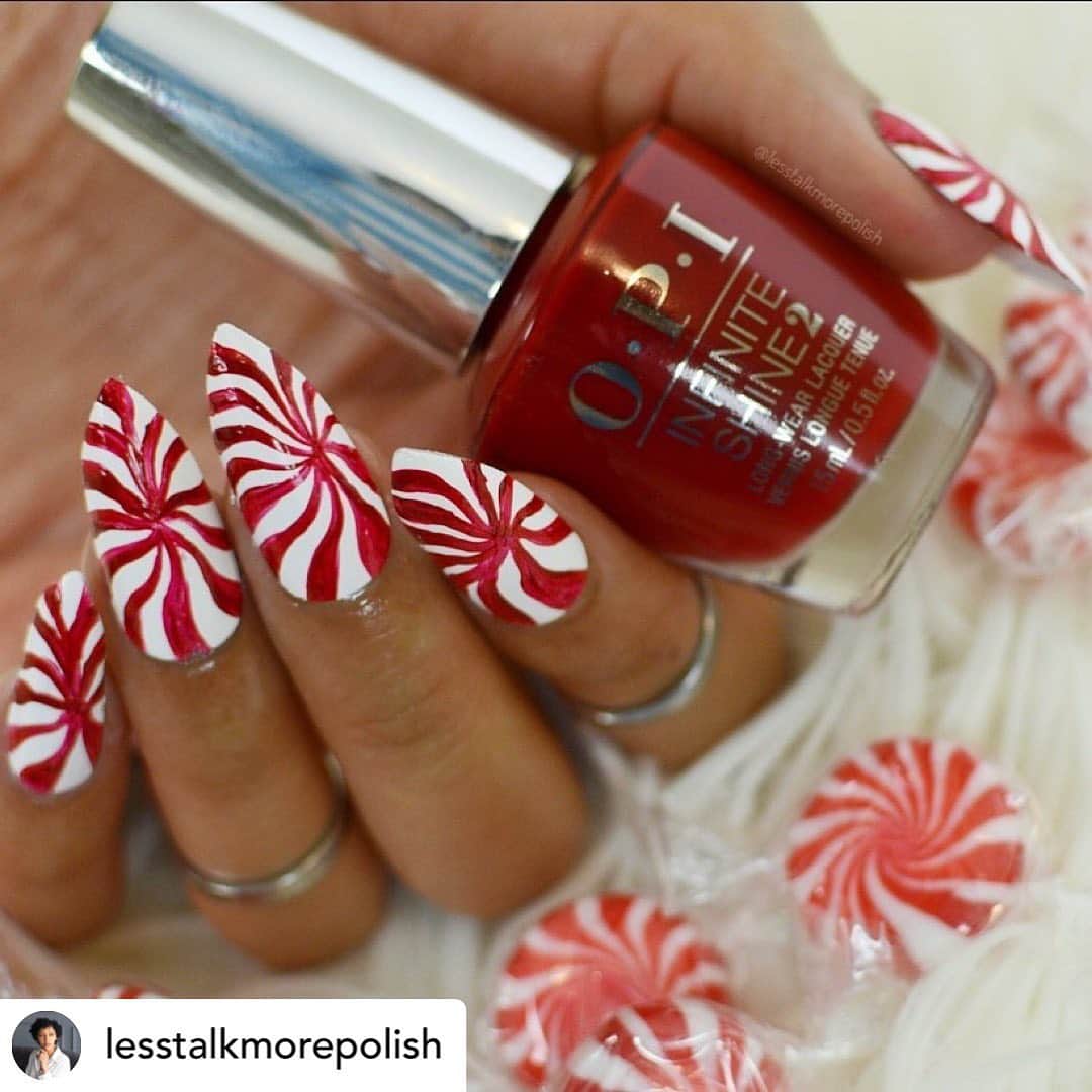 Nail Designsさんのインスタグラム写真 - (Nail DesignsInstagram)「Credit• @lesstalkmorepolish Freehand #holidaycandy starlight mints!   💅🏽 details: 🤍 @whatsupnails in Blanc my mind  ❤️ @opi in Red-y for the Holidays from @langtonpr  ✨ @whatsupnails detail brush in 20 dance」1月21日 12時08分 - nailartfeature