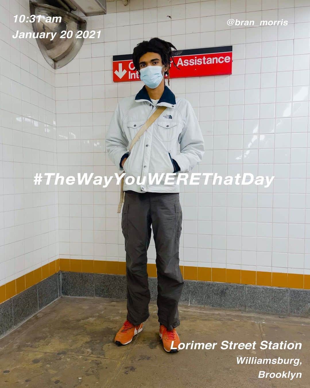 筒井心一のインスタグラム：「@bran_morris in #LorimerStreetStation at 10:31 am, January 20 2021, #NewYork ﻿ #OutfitOfTheDay = #TheWayYouWEREThatDay  #TWYWTD #ShinichiTsutsui」