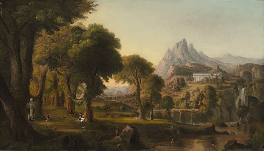 のインスタグラム：「In yesterday’s Inauguration ceremonies, First Lady Dr. Jill Biden selected Robert S. Duncanson’s Landscape with Rainbow (1859), on loan from @americanart, as the Inaugural Gift displayed in the U.S. Capitol (check out our stories to see). Among the first African American artists to achieve national and international acclaim, Duncanson was hailed in the 19th century as the “best landscape painter in the West.” ⁠ ⁠ A similar work by Duncanson was recently acquired for the Brooklyn Museum collection through a generous gift by Charlynn and Warren Goins in honor of the Council for African American Art. Painted in the tumultuous years preceding the Civil War, this classically-inspired pastoral scene presents an Arcadian vision of the American landscape. A deliberate and symbolic choice on the part of the new administration, Duncanson’s imagery provides a resounding message of renewal, unity, and hope. ⁠ ⁠ Robert Seldon Duncanson (American, 1821-1872). Copy after Thomas Cole's "Dream of Arcadia", 1852. Oil on canvas. Gift of Charlynn and Warren Goins, 2020.13.1. ⁠#bkmamericanart⁠」