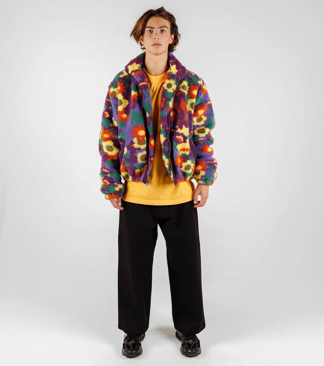 サキャスティックのインスタグラム：「@insomniacltd WINTER   Floradelic Jacket Purple 480g custom jacquard knit sherpa, quilted nylon lining, molded zippers, cotton nylon panels, direct embroidery. Made in the USA.  Nrg L/S Tee Gold 6.5oz garment dyed preshrunk cotton T, silkscreen logos on front and back. Made in the USA.  Wizard Denim Black Overdyed 12oz bull denim, baggie fit, embroidered logo on back pocket. Made in the USA.  Vertigo Corduroy Pant Green Allover silkscreen & overdyed cotton corduroy, custom drawcords. Made in USA.」