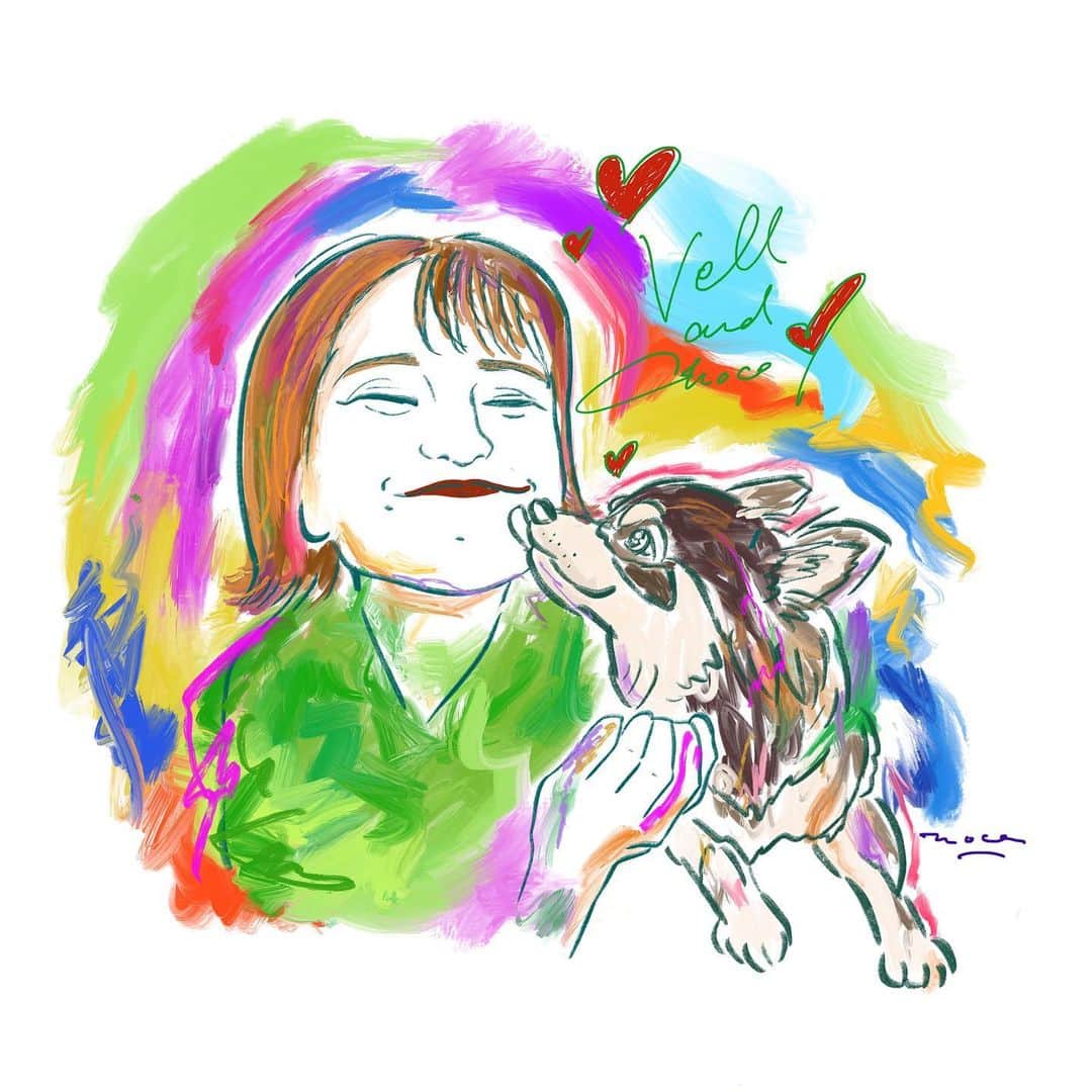 MiracleVellMagicのインスタグラム：「She will live forever in my heart. Thank you @mocaparty2 for such a beautiful picture of us. ☺️🐶  ずっとずっと、私の心の中で生き続けるよ。  素敵な絵をありがとう。チョコちゃん、そっくりだ！！！可愛く描いてもらって嬉しいなぁ。色使いに、幸せが詰まってるなぁ。私の顔にはチョコちゃんへの愛が溢れてる！😚  額に入れて飾っちゃおう。🥰」