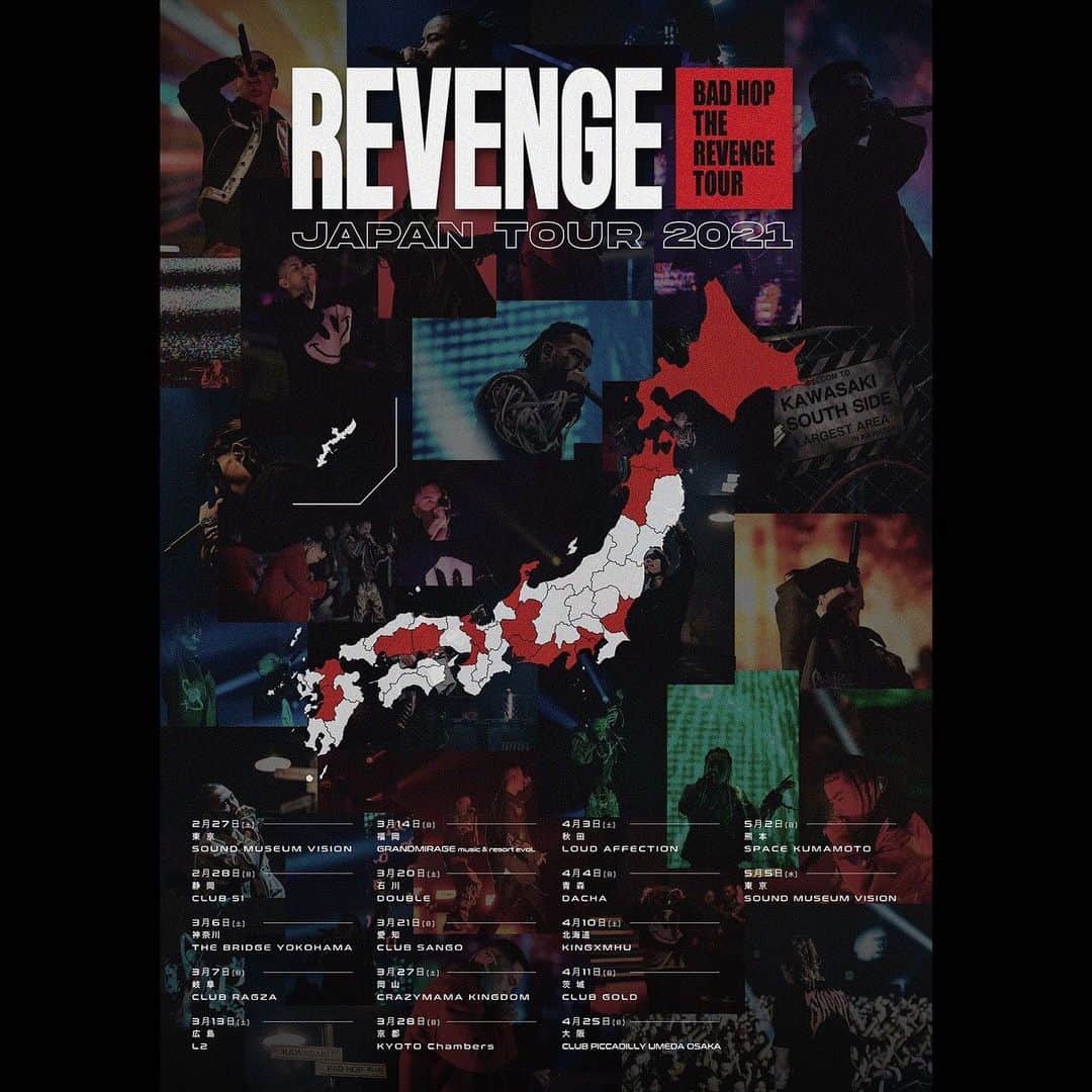 のインスタグラム：「BAD HOP THE REVENGE TOUR🗾🚩  緊急事態宣言が明けた2月下旬より、 全国16箇所17公演を行う3年振りの全国ツアーが開催決定❗️  ツアーチケットに加えBAD HOP WORLD DELUXE CD、オリジナルマスクがセットになったプランの他複数のプランを用意しております🔥🔥  1月25日21時より専用サイトにて販売開始👌」