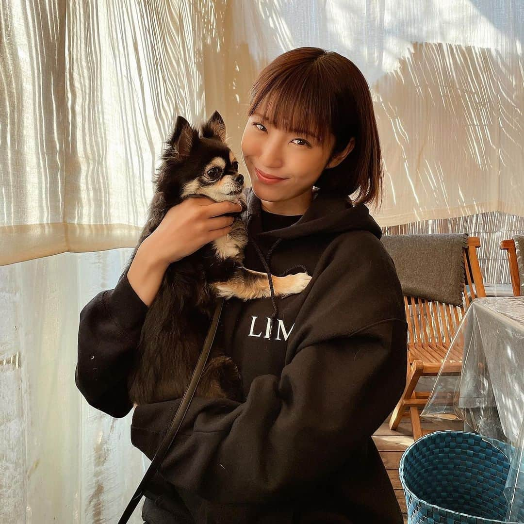 izu（出岡美咲）さんのインスタグラム写真 - (izu（出岡美咲）Instagram)「こっちゃん連れてさくっとお昼ご飯。 お天気良過ぎて 目がきらきらしてる。笑  #お散歩コーデ #お散歩日和 #windandsea #パーカーコーデ #limifeu #ボブ #ボブヘアー」1月21日 18時00分 - izu_stagram