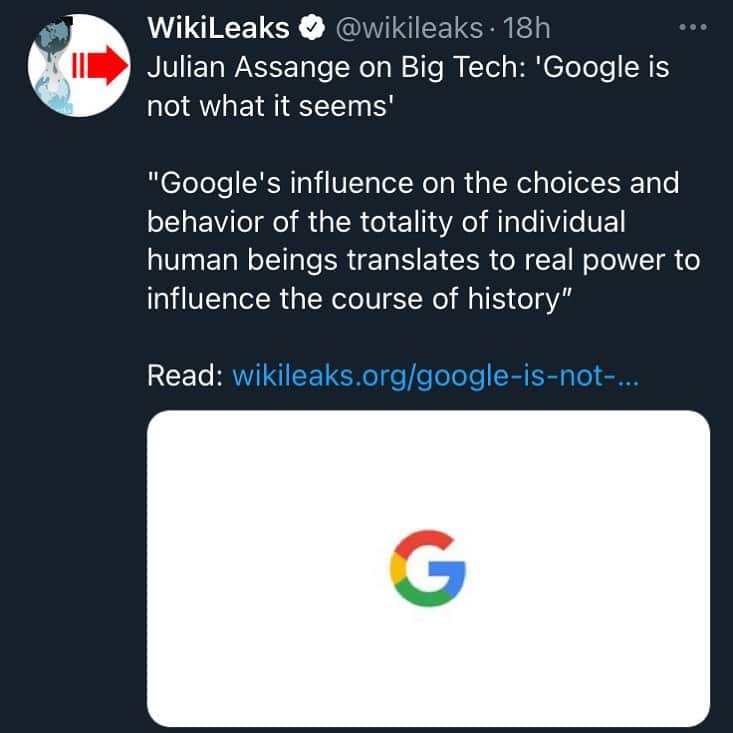 WikiLeaksさんのインスタグラム写真 - (WikiLeaksInstagram)「Julian Assange on Big Tech: 'Google is not what it seems'   "Google's influence on the choices and behavior of the totality of individual human beings translates to real power to influence the course of history”」1月21日 18時34分 - wikileaks
