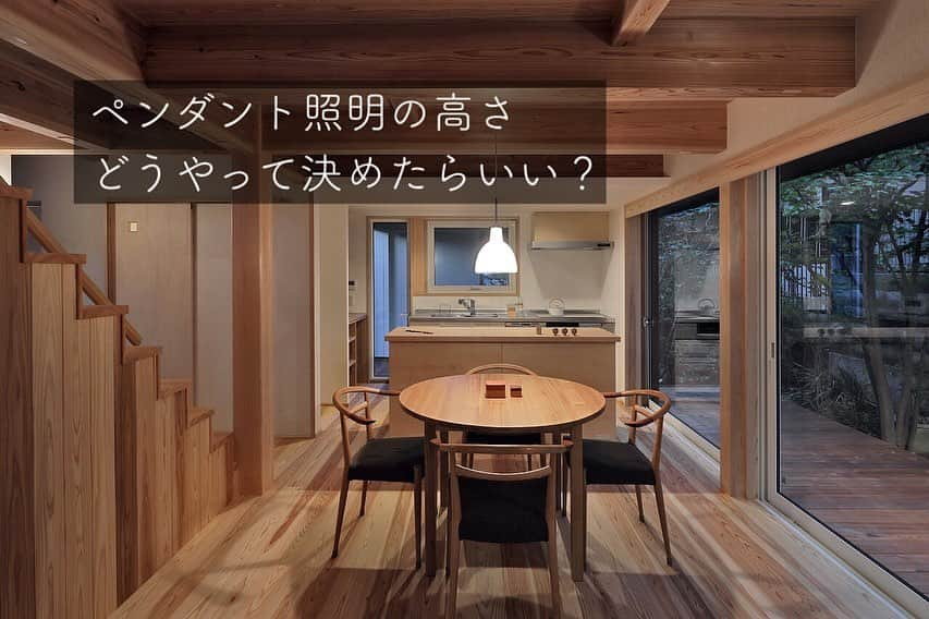 シーエッチ建築工房 さんのインスタグラム写真 - (シーエッチ建築工房 Instagram)「* 食堂にペンダントを灯すとき どんな高さにされますか。 ⠀⠀⠀⠀⠀⠀⠀⠀⠀⠀⠀⠀ インターネットには情報が溢れ どの高さにするのが良いのか 迷われている方もいらっしゃいますね。 ⠀⠀⠀⠀⠀⠀⠀⠀⠀⠀⠀⠀ ペンダントライトの光の強さや 器具の笠にもよるので一概に言えませんが テーブルの高さ＋70cmくらいが バランスが良い高さ。 ⠀⠀⠀⠀⠀⠀⠀⠀⠀⠀⠀⠀ 食事の際のお料理や 読書のときの手元を しっかり照らしてくれます。 ⠀⠀⠀⠀⠀⠀⠀⠀⠀⠀⠀⠀ それが低すぎないか不安…という方は 購入前に担当の設計士さんに 相談されてみてください。 ⠀⠀⠀⠀⠀⠀⠀⠀⠀⠀⠀⠀ 玄人向けのテーブル＋60cmも なかなか素敵ですよ…＊ ⠀⠀⠀⠀⠀⠀⠀⠀⠀⠀⠀⠀ ⠀⠀⠀⠀⠀⠀⠀⠀⠀⠀⠀⠀ ──────────── 株式会社シーエッチ建築工房 兵庫県宝塚市仁川台76番地 0798-52-8863 https://www.ch-wood.co.jp ──────────── @ch_kenchiku ⠀⠀ ⠀⠀ #シーエッチ建築工房 #木の家 #注文住宅 #新築 #一戸建て #家づくり #住まい #暮らし #日々のこと #マイホーム #たからづかな生活 #宝塚市 #西宮市 #伊丹市 #川西市 #吹田市 #三田市 #明石市 #茨木市 #高槻市 #工務店 #自然素材 #暮らしを楽しむ #こどもと暮らす #家が好き #おうち時間 #食卓 #ペンダント照明 #PH5 #トルボー220」1月21日 20時29分 - ch_kenchiku