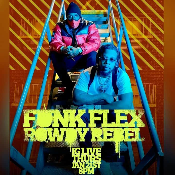 ファンクマスター・フレックスのインスタグラム：「TONIGHT! 8 PM FUNKFLEX X @ROWDYREBEL IG LIVE! I HOPE YALL READY! VIDEO / SINGLE DROPS TONIGHT! @youtube / @applemusic / @spotify / @tidal」