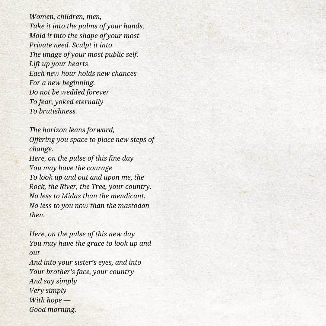 アン・ハサウェイさんのインスタグラム写真 - (アン・ハサウェイInstagram)「I am still so full from hearing @amandascgorman's poem yesterday. I was reading about Ms. Gorman and I learned that @oprah gave both Ms. Gorman and #MayaAngelou gifts ahead of their appearances at their respective inaugurations, earrings and a birdcage ring for Ms. Gorman and a Chanel coat and gloves for Ms. Angelou. Hearing this legacy of generosity from @oprah made me want to revisit On the Pulse of Morning, the poem Maya Angelou wrote for Bill Clinton’s inauguration, a poem I haven’t read since I was a little girl. I am stunned by the timelessness and prophecy of Maya Angelou’s words. I feel these two poems are some of the greatest treasures of our, as Ms. Gorman said, “unfinished” America. I believe we must learn these words by heart, pull them in deep until we hear our souls recite them without our brains prompting, remembering with God-fearing humility that we are doomed to repeat what we dare to forget. I am going to spend this year memorizing these poems, and I hope you will join me. Congratulations again, Amanda Gorman, for electrifying the souls and helping heal the hearts of a nation’s people that so badly need it, my own included.」1月22日 4時23分 - annehathaway