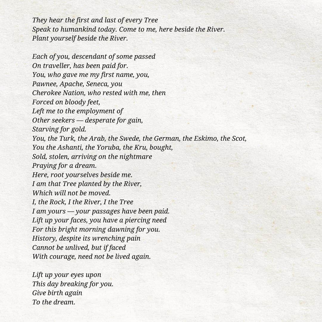 アン・ハサウェイさんのインスタグラム写真 - (アン・ハサウェイInstagram)「I am still so full from hearing @amandascgorman's poem yesterday. I was reading about Ms. Gorman and I learned that @oprah gave both Ms. Gorman and #MayaAngelou gifts ahead of their appearances at their respective inaugurations, earrings and a birdcage ring for Ms. Gorman and a Chanel coat and gloves for Ms. Angelou. Hearing this legacy of generosity from @oprah made me want to revisit On the Pulse of Morning, the poem Maya Angelou wrote for Bill Clinton’s inauguration, a poem I haven’t read since I was a little girl. I am stunned by the timelessness and prophecy of Maya Angelou’s words. I feel these two poems are some of the greatest treasures of our, as Ms. Gorman said, “unfinished” America. I believe we must learn these words by heart, pull them in deep until we hear our souls recite them without our brains prompting, remembering with God-fearing humility that we are doomed to repeat what we dare to forget. I am going to spend this year memorizing these poems, and I hope you will join me. Congratulations again, Amanda Gorman, for electrifying the souls and helping heal the hearts of a nation’s people that so badly need it, my own included.」1月22日 4時23分 - annehathaway