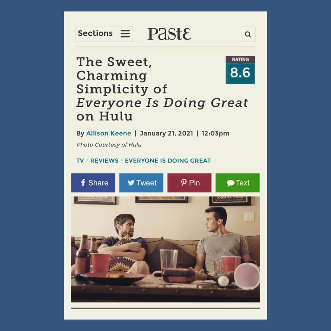 ジェームズ・ラファティのインスタグラム：「Huge thanks to @pastemagazine for showing @everyoneisdoinggreat a little love and thoughtful examination. If you want to know more about the feel of our show, and the unlikely journey it’s taken to finally stream on @hulu, this is a wonderful place to start. Link. In. Bio. 🙌🏼💙🙏🏻💚」