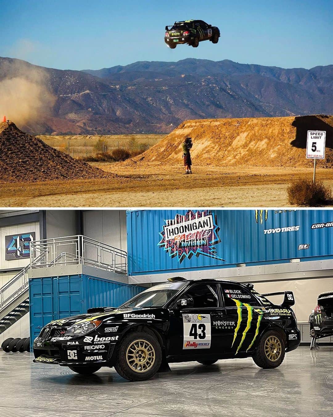 ケン・ブロックのインスタグラム：「We recently pulled this car out of storage to clean it up and make sure it was still running... my Subaru STI that I jumped 171 feet (on a motocross track!) for the TV show, Stunt Junkies! It was really nice to see this car again. Brings back good and sketchy memories! Jump shot 📸 @BlabacPhoto. #hooneverything #bigairaintcare」