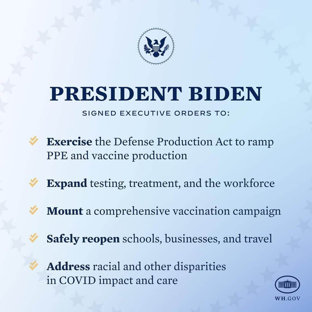 The White Houseさんのインスタグラム写真 - (The White HouseInstagram)「Today’s executive actions represent our administration’s effort to aggressively change the course of COVID-19 by expanding testing, vaccinating more people, protecting those most at risk, and addressing racial and other disparities in COVID impact and care.」1月22日 5時50分 - whitehouse