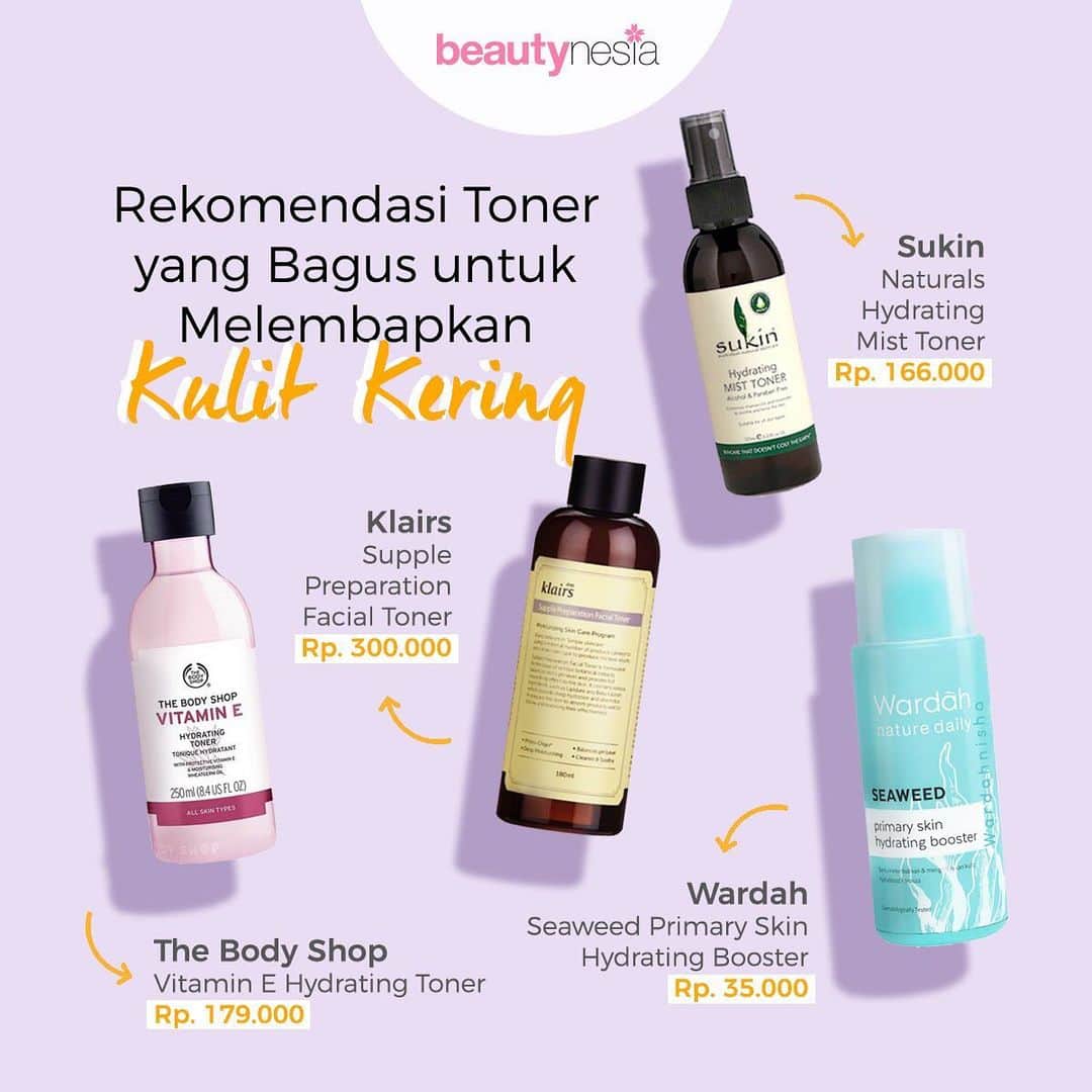 のインスタグラム：「Dilema dan  galau, adalah ketika kondisi dimana harus memilih toner yang tepat, apalagi bagi kamu yang memiliki kulit kering. Kalo salah pilih toner malah bikin kulit makin kering nih. Supaya gak makin kering, coba periksa lagi nih toner yang kamu pilih seenggak nya harus punya kandungan pelembab yang tinggi, seperti glycerin, ceramide dan hyaluronic acid. Pastikan juga bebas alkohol ya, karena kandungan alkohol dalam toner akan bikin kulit makin kering. ⁣⁣⁣ ⁣⁣⁣ Jangan khawatir, Beautynesia punya rekomendasi produknya nih buat kamu!⁣ ⁣⁣⁣ Save dulu yuk, jangan lupa mention temen kamu juga ya 😉⁣⁣⁣⁣⁣ ⁣⁣⁣ --⁣⁣⁣ #BeautynesiaID #RekomendasiBeautynesia #SkincareKulitkering #Dryskincare #Skincareroutine #Tonerfordryskin #tonerkulitkering #rekomendasiToner #Kulitkering #Masalahkulitkering #tipskecantikan #tipsskincare⁣⁣⁣ ⁣⁣」
