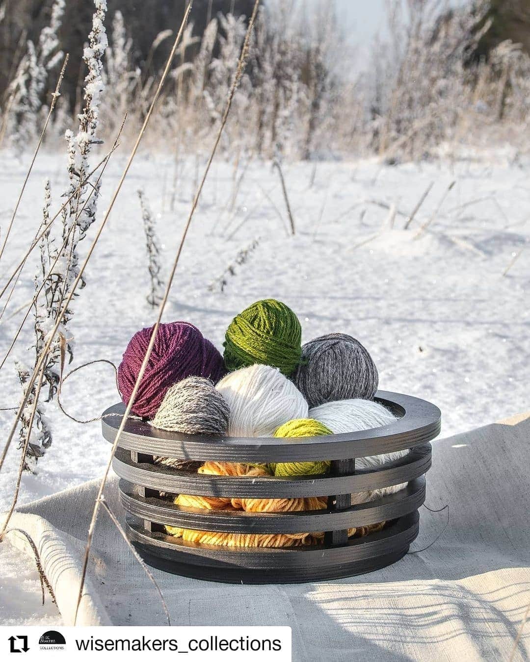 ティネスのインスタグラム：「A very pretty yarn basket 🙌❄ Check out Latvian brand @wisemakers_collections for interior items, decors and contemporary designs. They have  gorgeous storage baskets in different sizes and colors 🤗  Repost @wisemakers_collections • • • • • • • Latvia has a very white and very cold winter this year. Previous weekend, when these pictures were taken, it was -18°C degrees. These warm balls of wool yarn are very suitable for such a cold weather. I choose yarn for knitting from @tinesshop」