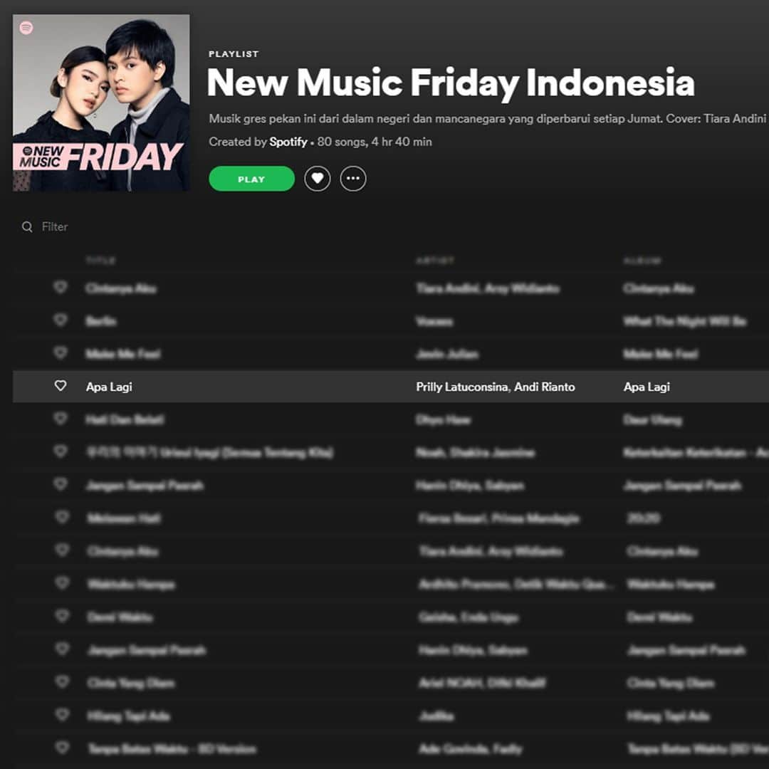 Prilly Latuconsinaさんのインスタグラム写真 - (Prilly LatuconsinaInstagram)「Pagi iniii #ApaLagi sudah masuk di beberapa playlist @spotify @spotifyasia Makasih ya semuaaa! bagaimana lagunya? suka gak?  @andirianto_official  . . Jika Cinta hanyalah angan, dan kalian terus terusan berandai, lebih baik kalian pikirkan #ApaLagi yang harus dilakukan?  teruntuk kamu dan kamu yang sedang mencintai sendirian. Semoga mendapatkan cinta yang pantas ya. 🙂 #ApaLagi  #CeritaApaLagi」1月22日 12時24分 - prillylatuconsina96