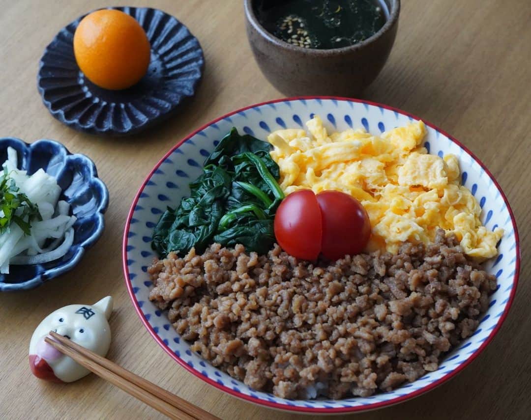 のインスタグラム：「おひるごはん。  #そぼろ丼 #大根と大葉の浅漬け #わかめスープ #金柑  引越しまであと１ヶ月なので パンパンになってる冷凍庫の中を 片付け始めようかと思い さっそく冷凍の挽肉を使い切った。 でもまだすんごいパンパン😅  今日は外出の予定がないので終日ステイホーム。 ほとんどのことがリモートでできてしまう スマートな時代になったね。 引越しの見積もりもZoomで簡単に済んだ。  さてさて、引越しでお金かかるから 節約しなきゃだ〜💦 一番の苦手分野だわ🙈  #坂元ごはん #坂元家の昼ご飯 #おうちごはん #ひるごはん #おうちごはんlover  #キン肉マン #キン肉スグル」