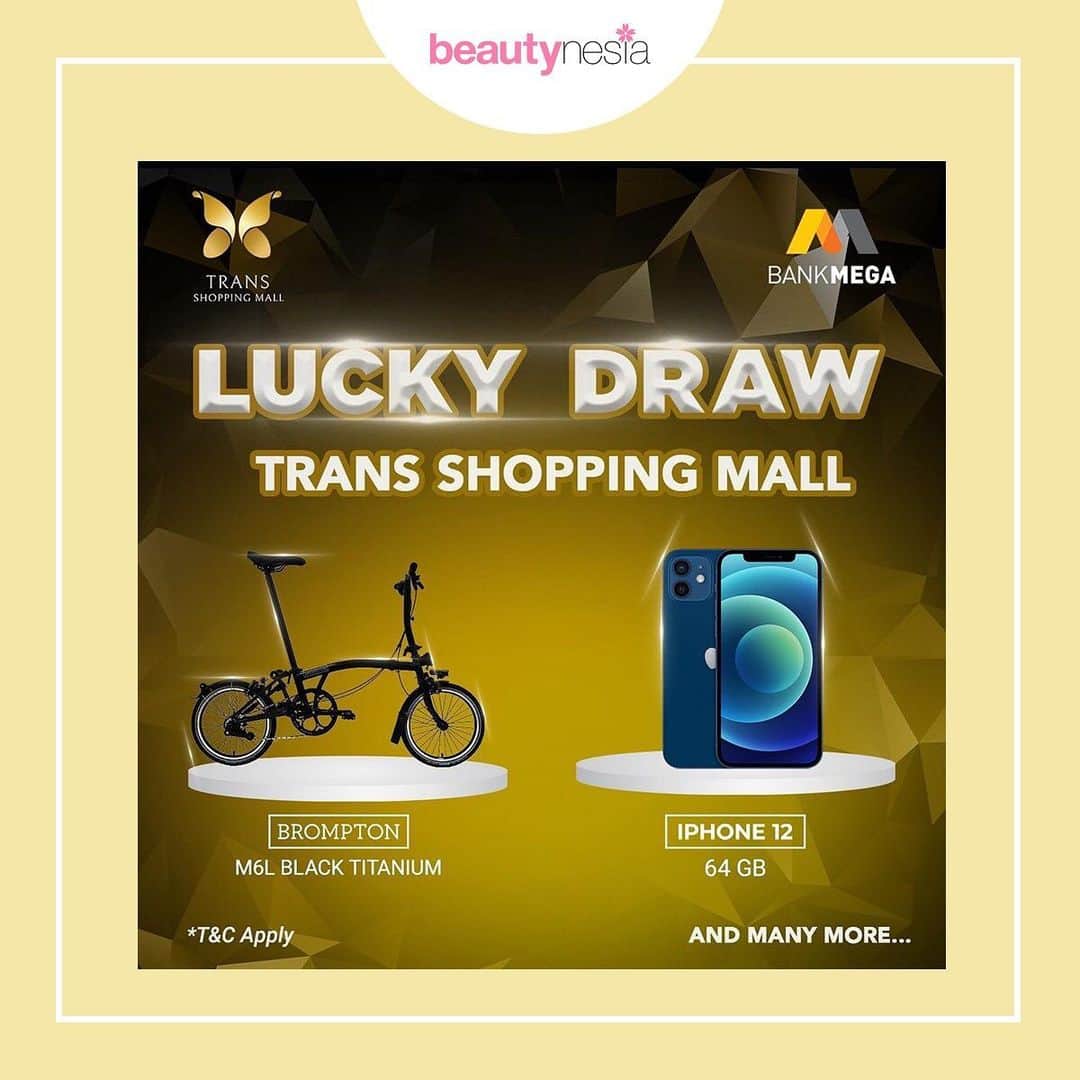 のインスタグラム：「Halo TSM Lovers!⁣⁣ Lucky Draw Bank Mega di Trans Shopping Mall kembali hadir menyapa kita semua, khususnya kamu yang setia berbelanja menggunakan kartu kredit Bank Mega. Ada banyak hadiah menarik yang menanti untuk kamu bawa pulang.⁣⁣ ⁣⁣ Setiap berbelanja minimal RP. 500.000 di tenant-tenant Trans Studio Mall Bandung, Makassar, Cibubur, dan Bali, kamu berhak mendapat 1 nomor undian untuk bermain Lucky Draw. Kamu yang mengikuti Lucky Draw di Trans Studio Mall Bandung dan Cibubur berkesempatan untuk memenangkan Sepeda Brompton.⁣ ⁣ Sementara kamu yang mengikuti undian di Trans Studio Mall Makassar dan Bali berkesempatan memenangkan iPhone 12. Selain itu masih banyak hadiah menarik lainnya seperti Samsung Tab S6, Samsung Tab A7, Samsung A21 dan A21S di seluruh Trans Shopping Mall!⁣⁣ ⁣⁣ Kamu pasti tidak mau ketinggalan kesempatan menarik ini, kan? Periode Lucky Draw hanya berlangsung sampai tanggal 28 Februari, loh. Yuk segera berbelanja di Trans Studio Mall Bandung, Makassar, Cibubur, dan Bali!」