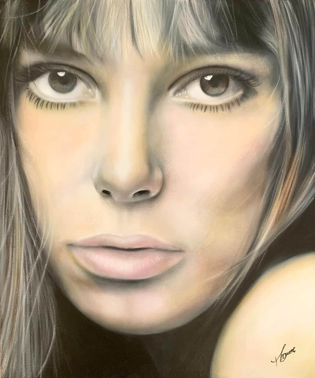 のインスタグラム：「いつか描きたいと思っていた #ジェーンバーキン #JaneBirkin カッコイイと可愛いを兼ね備えた女性。  455×380mm  8号サイズ #チョークアート女優シリーズ  #moecochalkart #drawing  #art  #japan  #japanese #artist #moeco #チョークアート #chalkart #chalk #チョーク #tokyo #picture  #絵 #artist #松下萌子 #moecomatsushita」