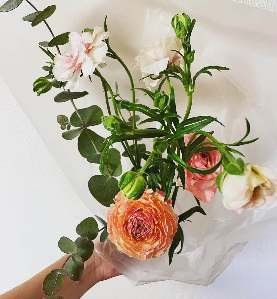 清浦夏実さんのインスタグラム写真 - (清浦夏実Instagram)「家族がバタバタと風邪を引いているのでお花の力を借りてみることに。 #花 #flowers #花のある暮らし #ラナンキュラス #ユーカリ #カーネーション #あとなんだっけ #かわいい #春 #spring  馴染みのお花屋さんで、今日は「気持ちが明るくなれるようなアレンジで」と伝えたらこんな感じに。 私は鉢植えは大事にし過ぎて枯らしてしまうので切り花ばかり買う。切り花にはなりたくない。人間に都合が良過ぎる。でも花の美しさには言葉のいらない力があると思う。 切り花を買う時にはいつもこんなことを考えてしまう。買う行為も自分本位な理由も嫌になる。花は何も言わずに美しく咲き、愛でられ、命を全うする。 ごちゃごちゃ考えてしまうけれど、よく見ると私のインスタお花だらけ。まぶしいのかもしれない。お花が好きだから色々考える。お花を消費していることを忘れないようにしたい。好きなものと向き合う時間は自分と向き合う時間にもなる気がする。 切り花に魅了されながら、今年は末永く大切にできる鉢植えも探せたらいい。そして気持ちが明るくなれるよう一緒に選んでくれたお花屋さんのお姉さんに感謝。」1月22日 17時03分 - kiyo_723
