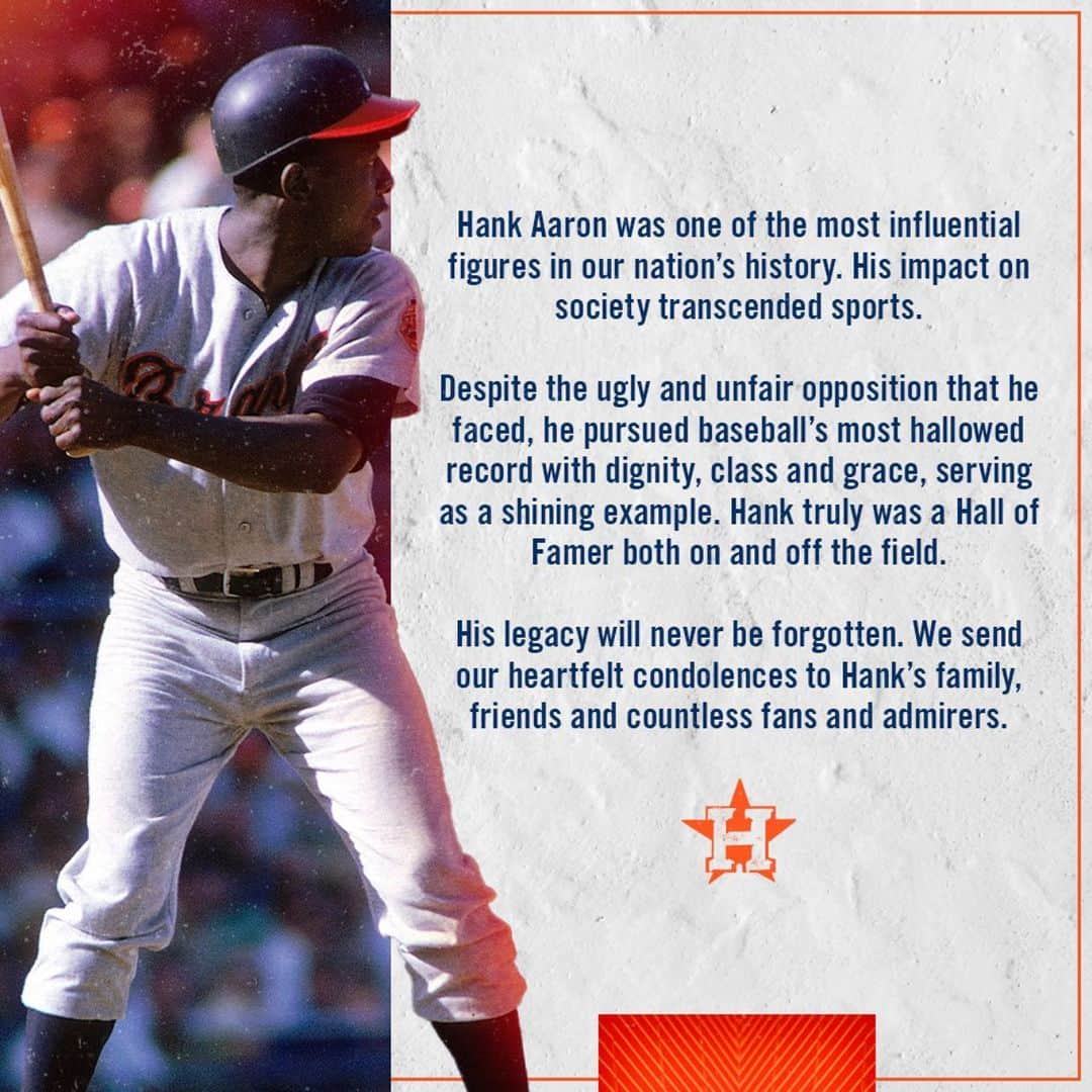 ヒューストン・アストロズのインスタグラム：「The #Astros and manager Dusty Baker have released the following statements on the passing of Hank Aaron.」