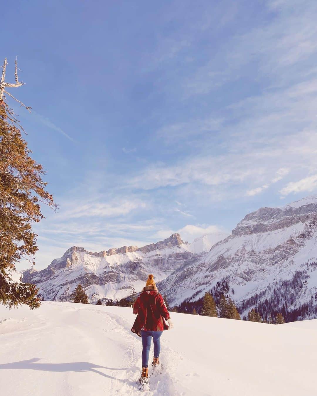 Angélineのインスタグラム：「« Un grand bol d’air », votre nouveau reportage nature sur France 5 🏔 • Cette semaine je vous embarque dans les montagnes 🇨🇭 : au cœur de l’hiver, en raquettes, pour découvrir les trésors cachés sur les chemins de randonnées ☀️ ——— Blague à part, je suis donc en Suisse pour le week-end, et je crois que mes premières stories aujourd’hui vous plaisent beaucoup ! Hâte de vous montrer la randonnée de demain 🏔✨」