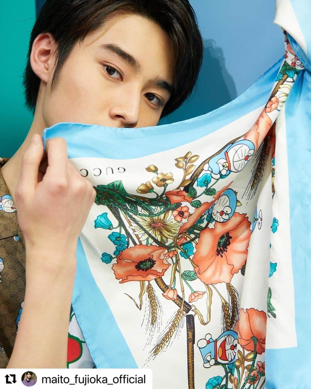 藤岡弘、のインスタグラム：「#Repost @maito_fujioka_official with @make_repost  @gucci  #DORAEMONxGUCCI  #ドラえもんxグッチ #Gucci #グッチ」