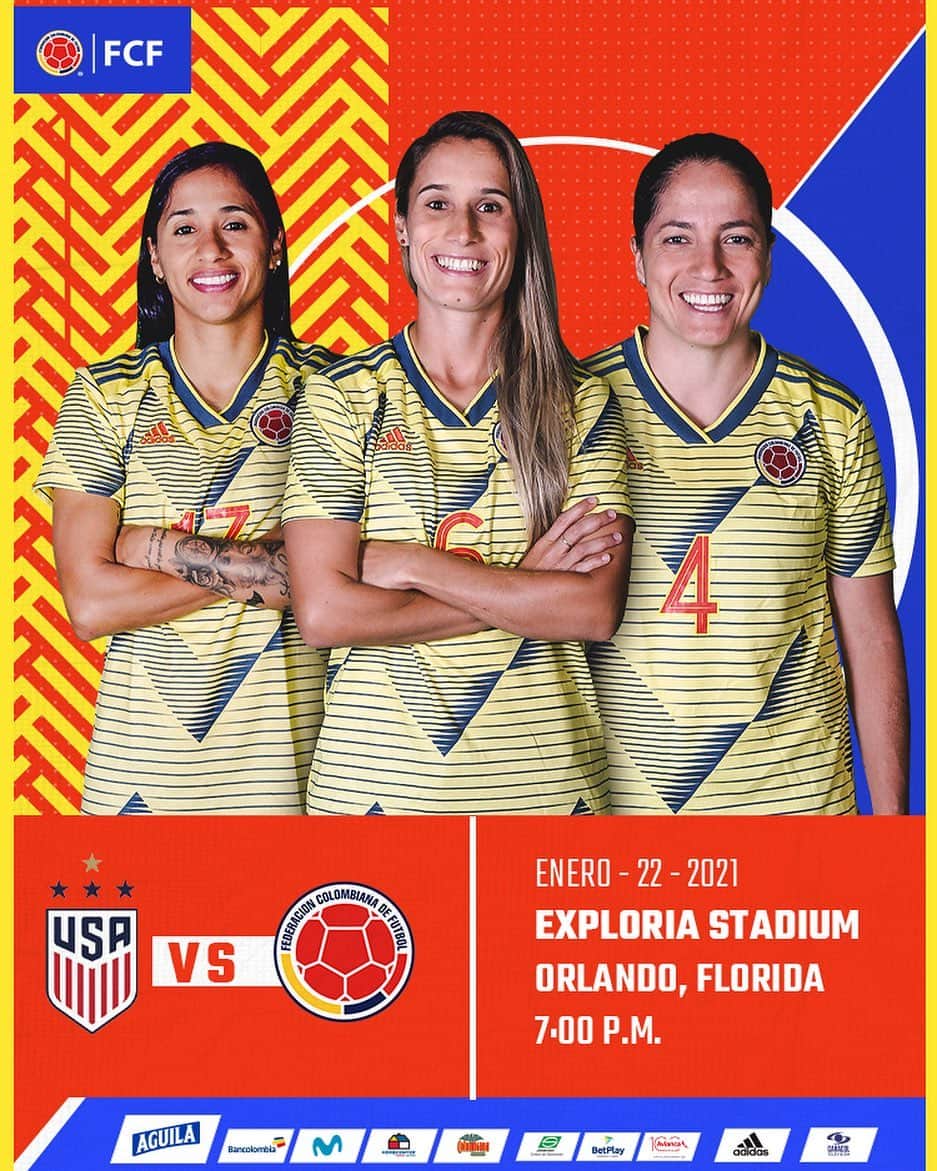 サッカー コロンビア代表チームのインスタグラム：「¡Nuestra Selección Femenina vuelve a la cancha! 💛💛💙❤️  🇨🇴🆚 🇺🇸 @uswnt  🏟️Exploria Stadium, Orlando 📅22 de enero de 2021 ⏱ 7:00 p.m. 📺 @golcaracol HD2  #VamosColombia 🇨🇴」
