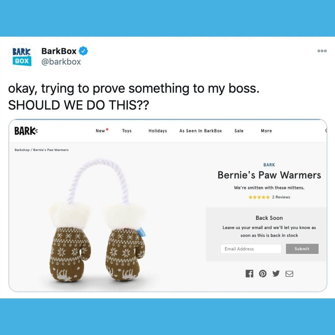 BarkBoxのインスタグラム：「*slides headfirst into a meme 37 seconds before it's over. sticks the landing.* but seriously, Y'ALL WANT THESE?? there's an email list on the linkinbio! HELP ME PROVE A THING OKAY THANK YOU FOR YOUR TIME 🥰⁠ ⁠ ⁠ #berniememes #berniesmittens」