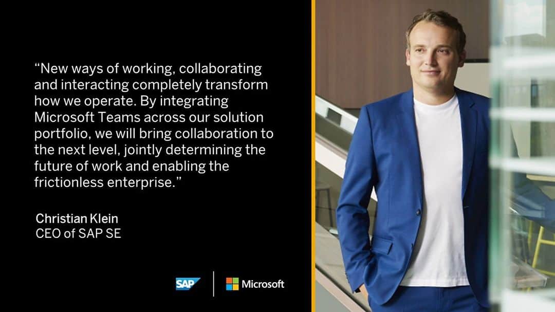 SAPのインスタグラム：「Together, SAP and @Microsoft are helping to accelerate the transformation of businesses. Read how we’re expanding our partnership to simplify collaboration through the integration of Microsoft Teams with SAP solutions: http://sap.to/6172Hwnug」