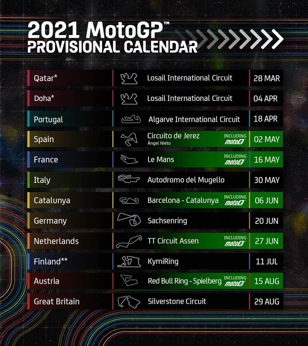 MotoGPさんのインスタグラム写真 - (MotoGPInstagram)「Check out the provisional 2021 #MotoGP calendar, including a double header in Qatar and the return of Portimao! 📅 #Motorsport #Motorcycle #Racing #SwipeLeft ⬅️」1月22日 23時30分 - motogp