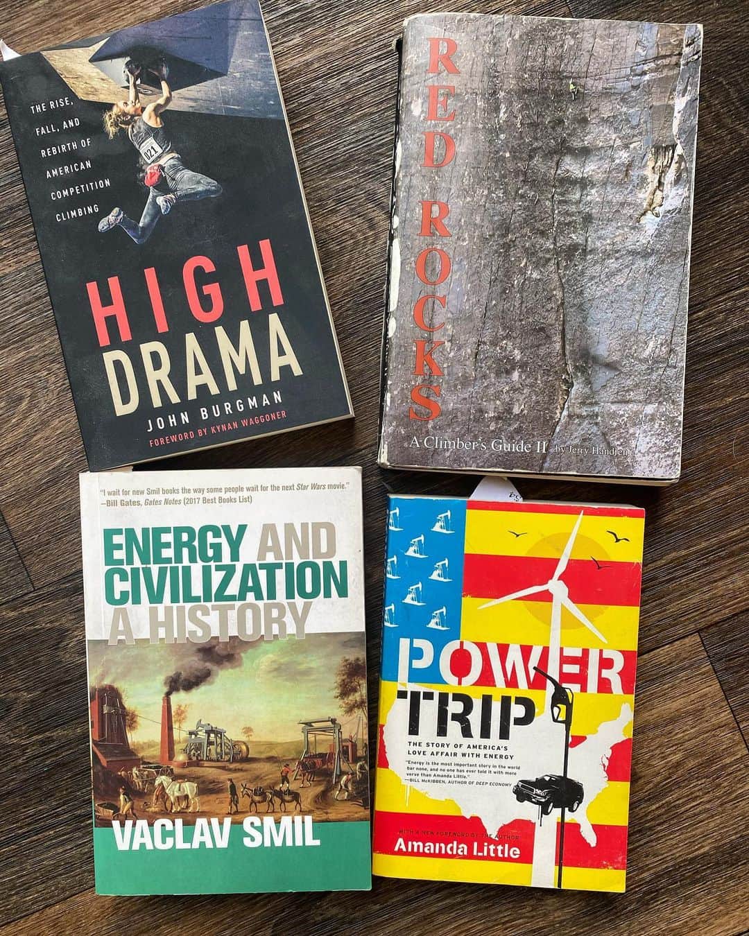 アレックス・オノルドのインスタグラム：「I’ve been trying to read more recently - here are a few open projects that I’m working on (note the book marks in each!). I also just updated my reading list on the @honnoldfoundation website for anyone interested in everything else that I’ve been learning about. Link in bio.  Hit me up with any great recommendations or thoughts, especially on books related to energy and how we use it.」