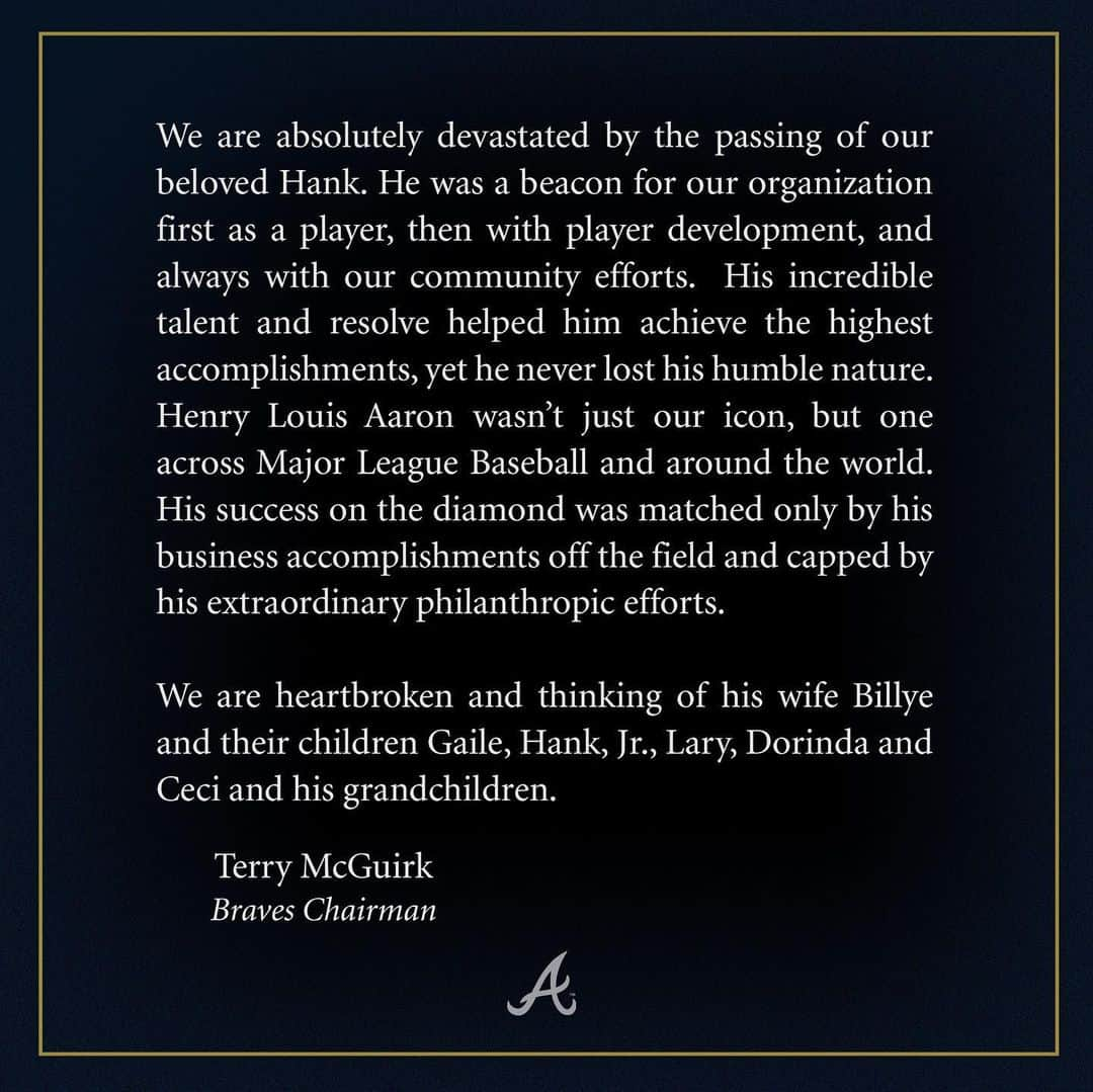 アトランタ・ブレーブスさんのインスタグラム写真 - (アトランタ・ブレーブスInstagram)「It is with great sadness we share the passing of our home run king, Hank Aaron.」1月23日 2時01分 - braves