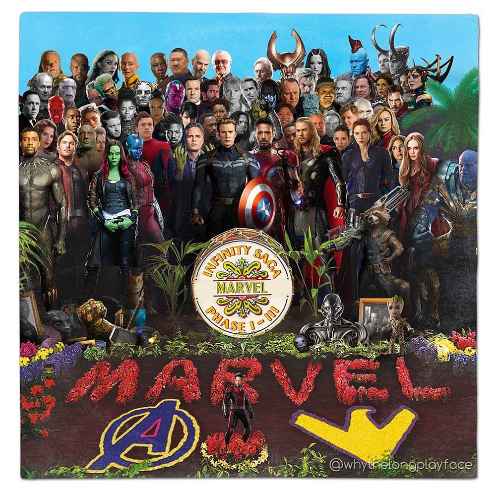 WhyTheLongPlayFaceのインスタグラム：「Finally got round to doing a Marvel Sgt album mash up. This took me ages so give it some love. Also the first person who came name all 79 character can win a free print. Good luck! 😬EDIT: congrats to @thegentlemanfromthemoon & @thegeekybartender who seem to have got them all. Congrats!!! 🥳🥳  #marvel  #beatles  #vinyl」