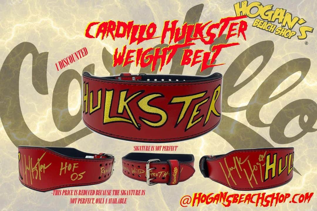 ハルク・ホーガンのインスタグラム：「👊We have another Discounted @cardilloweightbelts Autographed Hulkster Weightbelt Size L 💥Discounted because the signature isn’t perfect✅...Available at hogansbeachshop.com💪 (LINK IS IN OUT BIO) https://hogansbeachshop.com/products/discounted-hulkster-autographed-weightbelt-size-l?_pos=1&_sid=24ecae4a3&_ss=r」