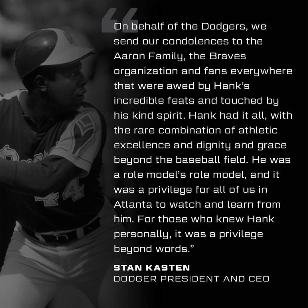 Los Angeles Dodgersさんのインスタグラム写真 - (Los Angeles DodgersInstagram)「We join the baseball community in mourning the passing of Hall of Famer Hank Aaron. The Los Angeles Dodgers send their condolences to the Aaron family and the Braves organization during this difficult time.」1月23日 2時54分 - dodgers