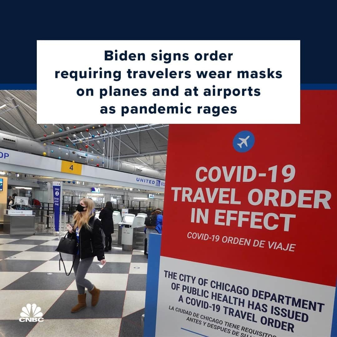 CNBCさんのインスタグラム写真 - (CNBCInstagram)「President Joe Biden on Thursday signed an executive order requiring masks to be worn on airplanes, trains, buses and at airports as coronavirus infections continue to climb.⁠ ⁠ The Trump administration declined to mandate masks for air travel and other modes of transportation, leaving it to private companies to set their own polices, though the Centers for Disease Control and Prevention has repeatedly recommended their use.⁠ ⁠ That has left flight attendants and other employees to enforce the rules. Labor unions that pushed for a federal mask mandate cheered Biden’s order: “What a difference leadership makes! We welcome President Biden’s nationwide approach to crushing the virus and lifting us out of this pandemic,” Sara Nelson, president of the Association of Flight Attendants-CWA, the country’s largest flight attendant labor union, said in a statement.⁠ ⁠ Link in bio for more details.」1月23日 12時30分 - cnbc