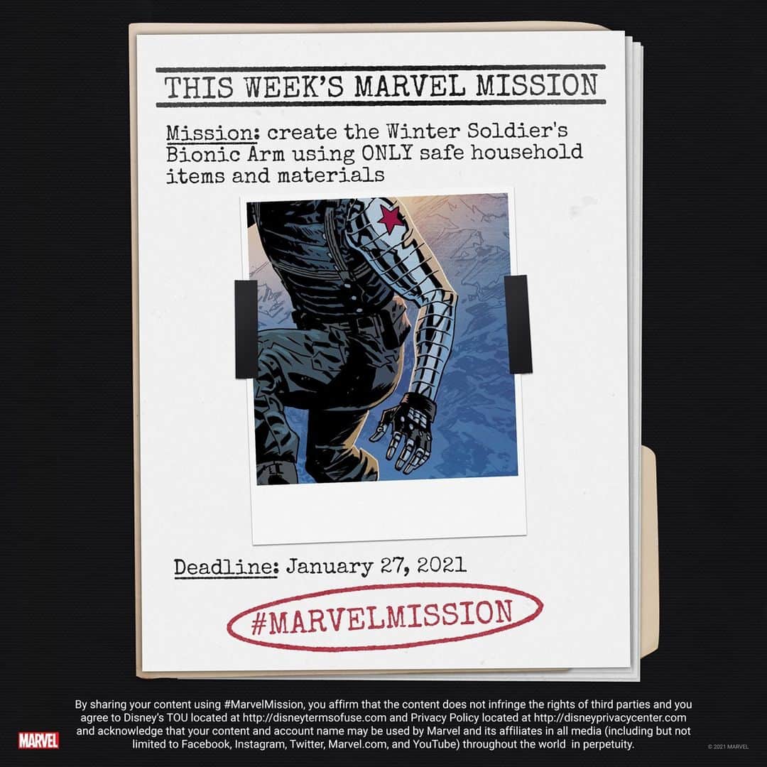 Marvel Entertainmentさんのインスタグラム写真 - (Marvel EntertainmentInstagram)「THIS WEEK'S MISSION: Create the Winter Soldier's bionic arm using ONLY safe household items and materials.   You have one week to complete your task. Post your photo or video here with the #MarvelMission hashtag for the chance to be featured in our round-up of favorites!」1月23日 4時45分 - marvel