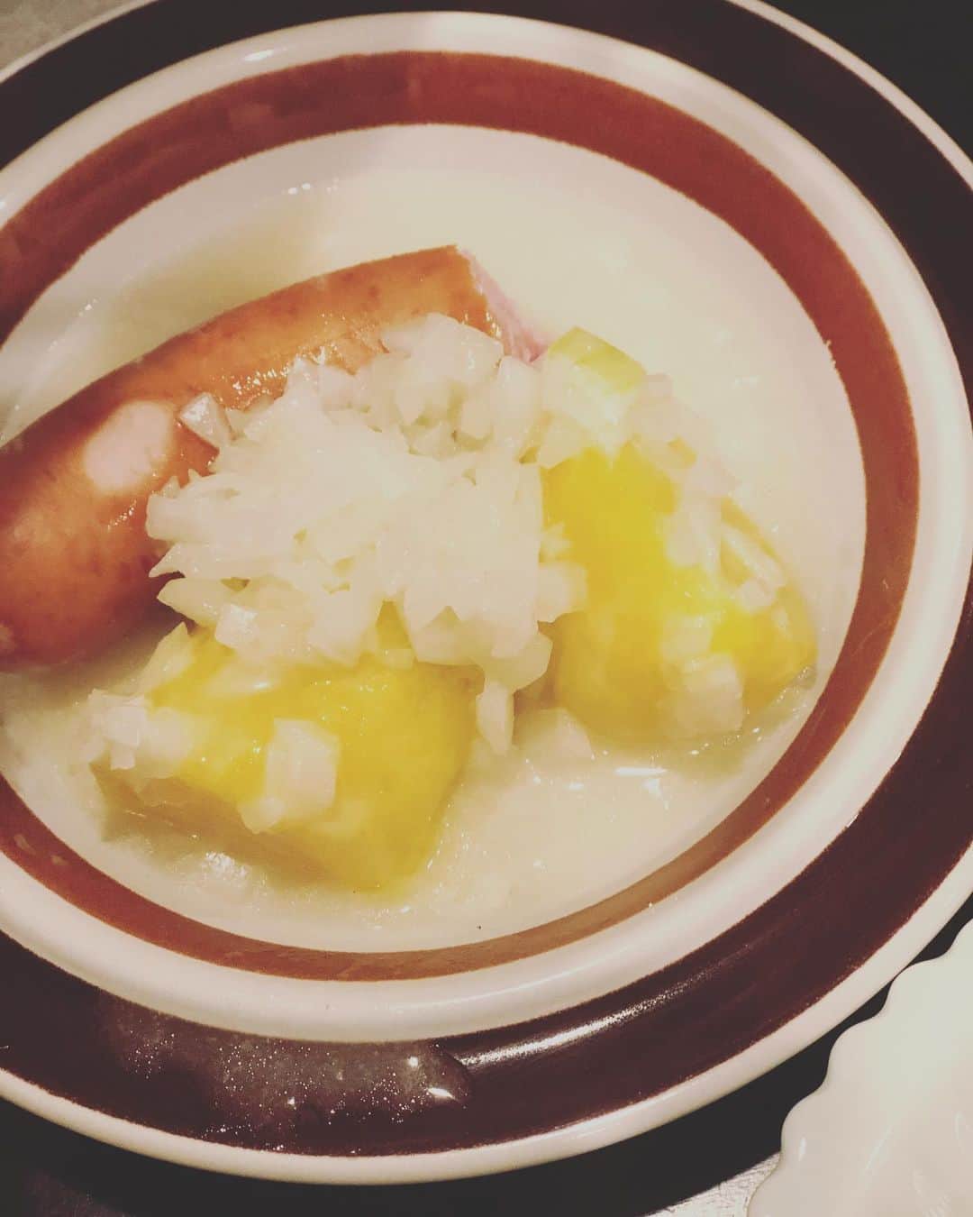 萩野志保子さんのインスタグラム写真 - (萩野志保子Instagram)「かあさんの、ハンガリー風〇〇🇭🇺🍽 を久しぶりに。 数年まえ「かあさんの、アレが食べたいなあ」とおっとが言い。 わたしも食べてみたくなって、おかあさんに教えていただいたレシピ。 当時、ハンガリー風の〇〇と訊いた気がするのに🇭🇺 手書きのレシピノートを見たら(写真3枚目)、タイトルは「かあさんの」😂📔  当時も驚いて、今回も久しぶりに作るのに思い出してまた驚いたのが、(←すぐ何でも忘れる😂) 玉ねぎを生のまま使うこと！ これがしゃくしゃくと歯応えになって美味しいのです🙌 茹でたじゃが芋と生の玉ねぎをフレンチドレッシングで和えて、別に作ったコンソメスープをかけます。 長時間煮込む必要もないので 帰宅してからでも間に合うところも👍 異国情緒で食卓がいつもとちょっと違う趣きに♪ コツは、自分が美味しいと思うソーセージを使うこと、ですって😆  数年まえの料理記録を見返したら(最後の写真)同じ器を使っていた！ #ハンガリー 風の #お料理 #ソーセージ #インカのめざめ  #玉ねぎ #きょうの食卓帖   #jyummy #foodstagram #food #foods  #dinner #homemade #homecooking #hungary #hungarianfood  #hungry  #テレビ朝日 #アナウンサー #萩野志保子」1月23日 5時55分 - shihoko_hagino
