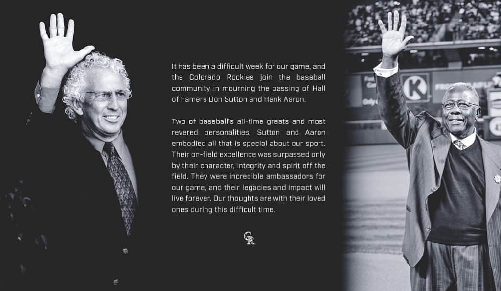 コロラド・ロッキーズのインスタグラム：「Don Sutton. Hank Aaron. Their legacies and impact will live forever 🙏」