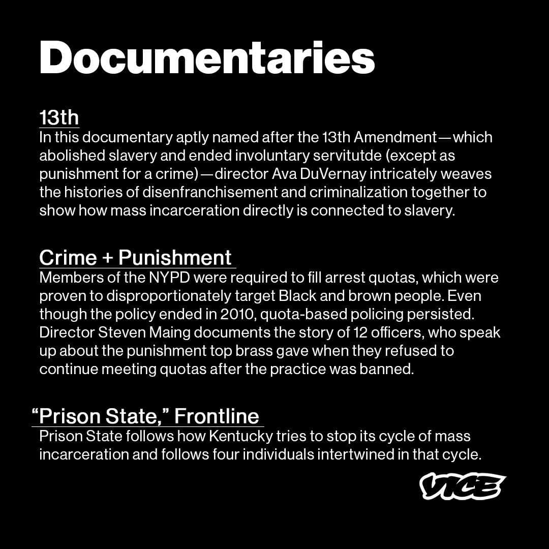 VICEさんのインスタグラム写真 - (VICEInstagram)「If you’re fairly new to this topic, it can feel overwhelming—so here are some podcasts, books, and documentaries to start with.⁠⠀ ⁠⠀ Approximately 25 percent of the world’s prison population is located in the United States, making the country the world leader in locking up its own people.⁠⠀ ⁠⠀ Activists currently argue that mass incarceration not only perpetuates inequalities, but that the underpinnings of the prison system are racist, capitalist, sexist, colonialist, ableist, and transphobic. From the school-to-prison pipeline to the privatization of prisons, mass incarceration remains inherently intertwined with everyday facets of American life. ⁠⠀ ⁠⠀ 🔗: Link in bio for more⁠⠀ 🎨: Collage by Koji Yamamoto  Images From Shutterstock, Getty, Beyond Prisons, Seven Stories Press, New Press, Netflix, and Hulu」1月23日 6時26分 - vice