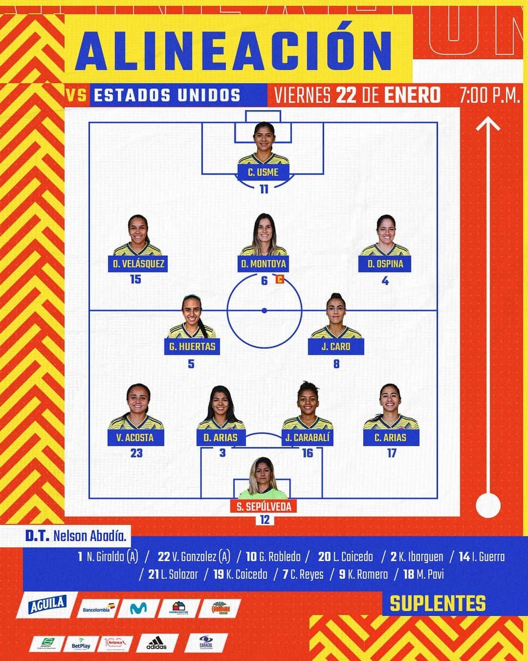 サッカー コロンビア代表チームのインスタグラム：「🚨 ¡ATENCIÓN! Este es el 11 inicial de nuestra Selección Femenina para su partido 🆚 @uswnt 🇺🇸  ¡Vamos con toda!  #VamosColombia 🇨🇴 #USACOL  ⏰7:00 p.m. 📺@golcaracol HD2」