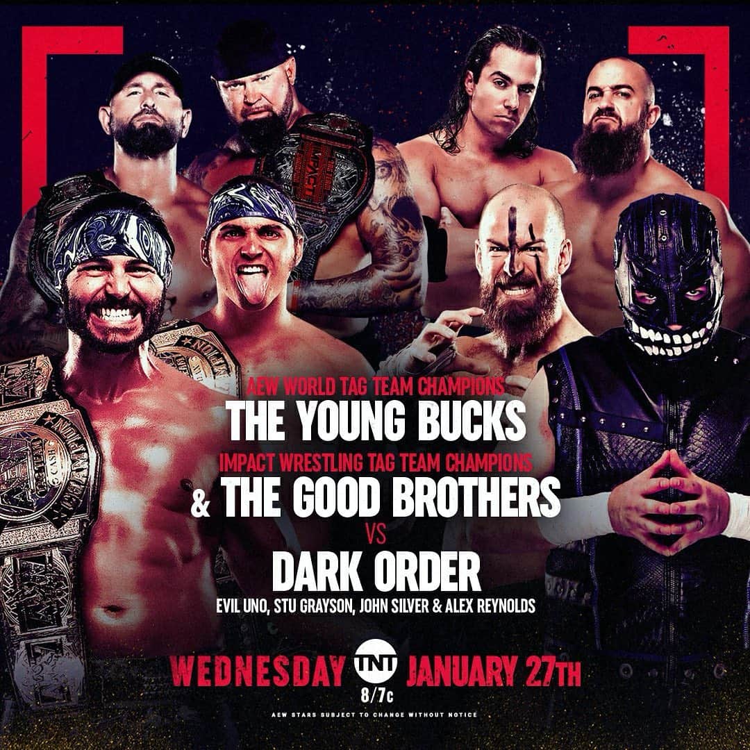 マット・ジャクソンのインスタグラム：「It’s been about 5 years since Good Brothers & Young Bucks wrestled a match together. Next week, we take on Dark Order on #AEWDynamite!」