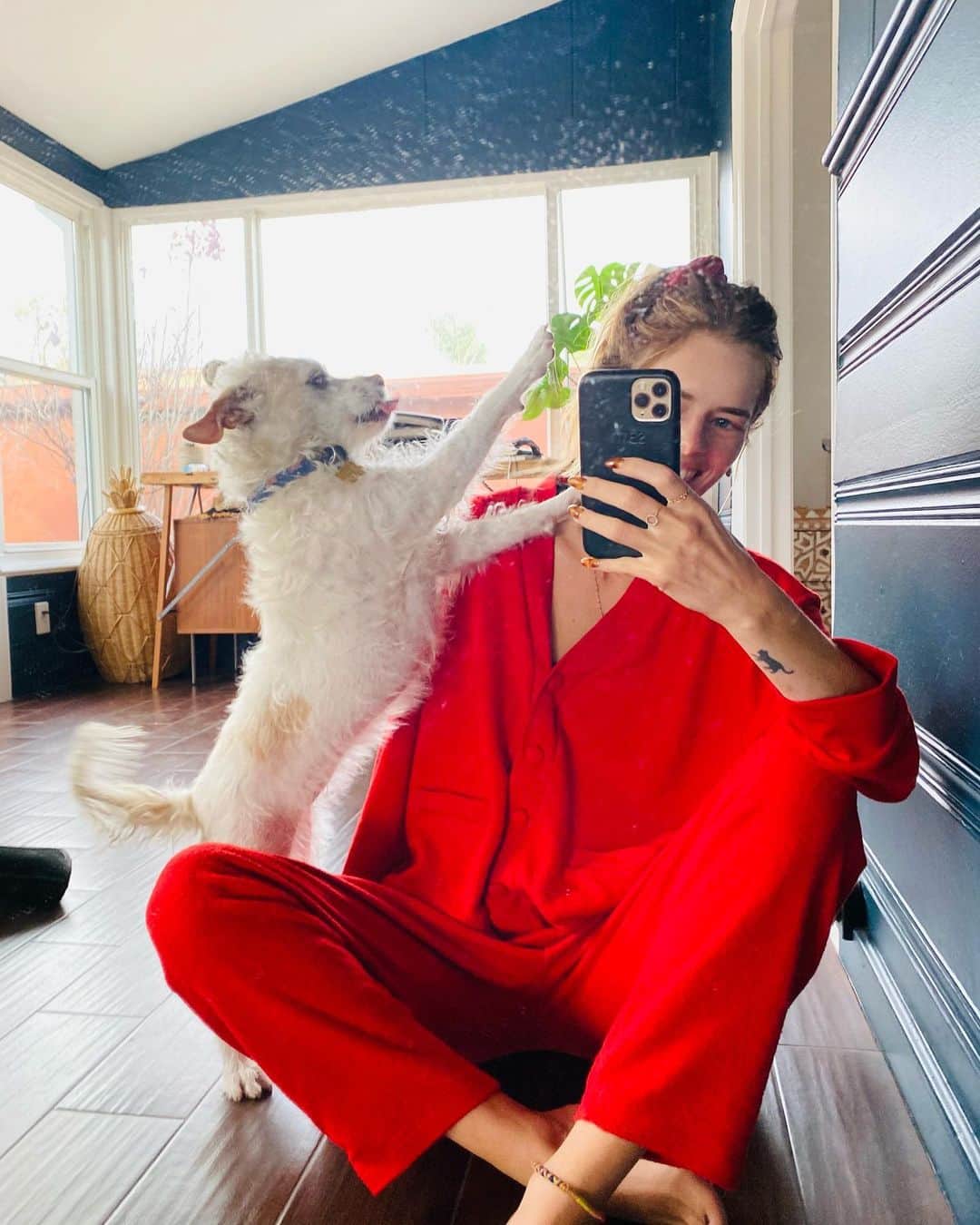 サマーラ・ウェイビングのインスタグラム：「I give her head scratches so maybe she’s trying to return the favour. Woof. ( need to clean my mirror?)」