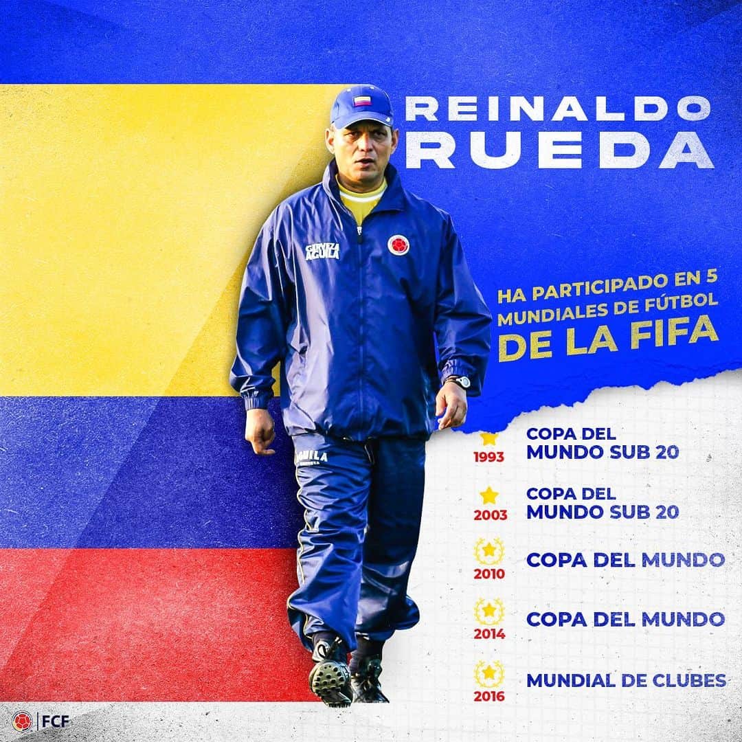 サッカー コロンビア代表チームのインスタグラム：「#BienvenidoProfe  Nuestro nuevo D.T. @oficialreinaldorueda tiene 5 participaciones en Copas del Mundo de la FIFA 🏆  ⬇️  #VamosColombia 🇨🇴」
